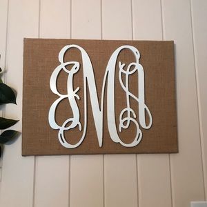 JMA White Wooden Script Monogram on Burlap Canvas
Initials JMA or JAM Monogram